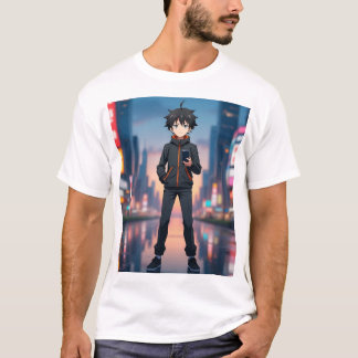 夜のネオン街のAnime少年 - クールなアニメキャラ Tシャツ