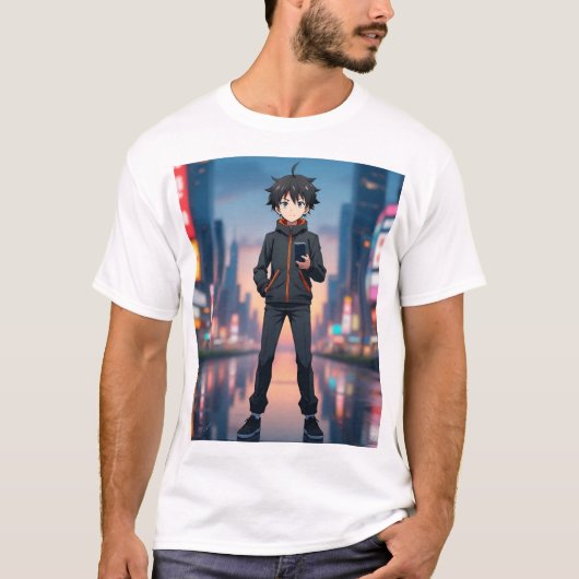 夜のネオン街のAnime少年 - クールなアニメキャラ Tシャツ (正面)
