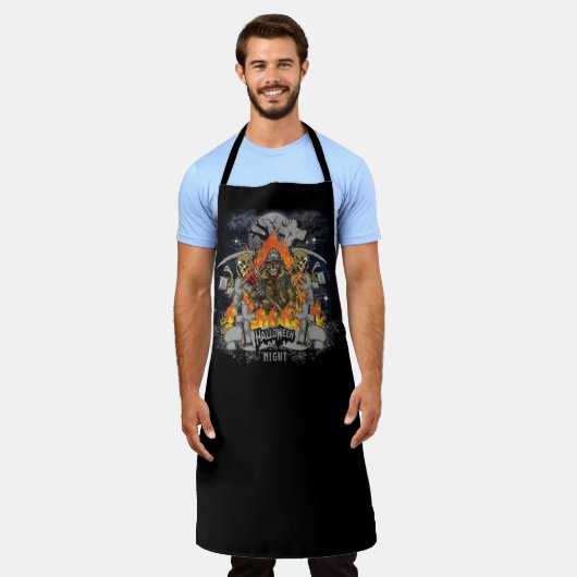 夜のハロウィーンの怖いスケルトン エプロン (着用した状態)