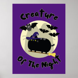 夜のハロウィーンの魔女の猫のアートワークの生き物 ポスター