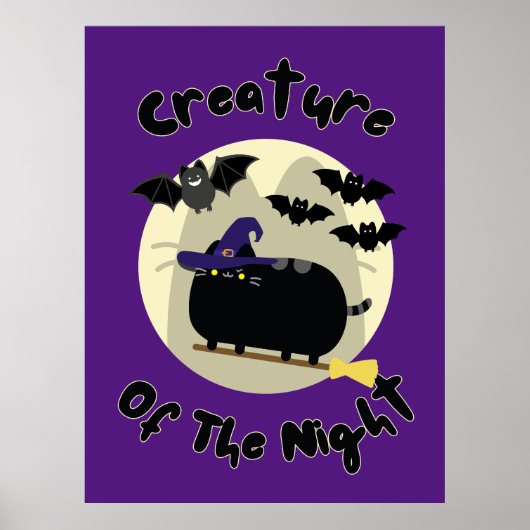 夜のハロウィーンの魔女の猫のアートワークの生き物 ポスター (正面)