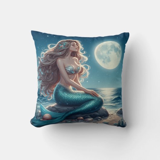 夜のビーチの人魚 クッション (正面)
