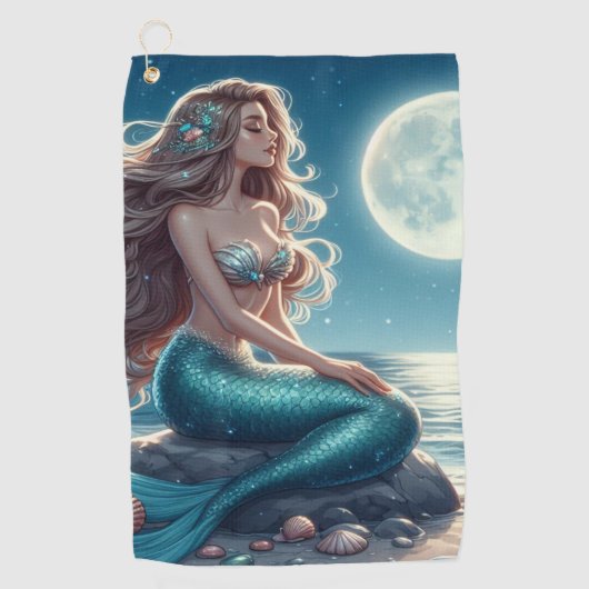 夜のビーチの人魚 ゴルフタオル (正面)