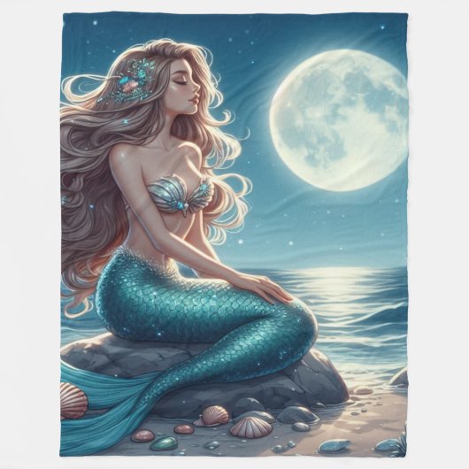 夜のビーチの人魚 フリースブランケット (正面)