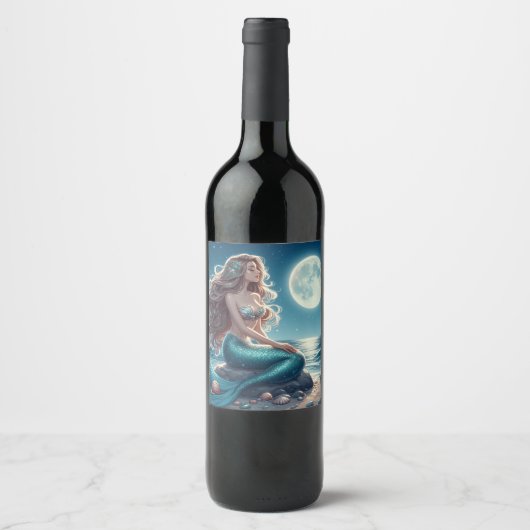 夜のビーチの人魚 ワインラベル (正面)