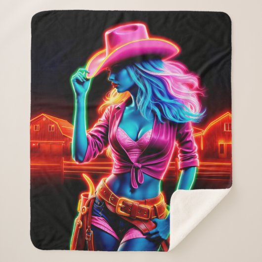 夜のピンクの帽子の電気ネオン農場の女の子 シェルパブランケット (正面)