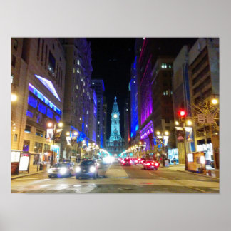 夜のフィラデルフィアの市庁舎 ポスター