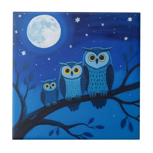 夜のフクロウ家族 月夜の空 タイル (正面)