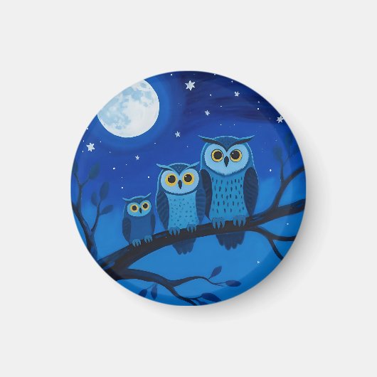 夜のフクロウ家族 月夜の空 マグネット (正面)