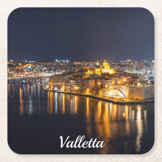 夜のマルタの3つの都市 スクエアペーパーコースター (正面)