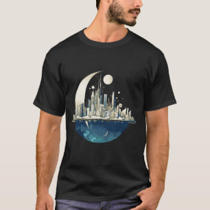 夜のモダン発見で街のスカイラインの風景 Tシャツ