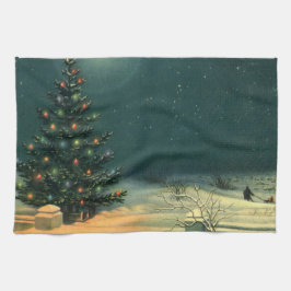 夜のライトと雪のついたビンテージクリスマスツリー キッチンタオル