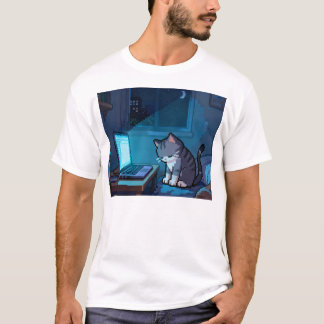 夜のラップトップで疲れたピクセル猫 - 悲しい Tシャツ
