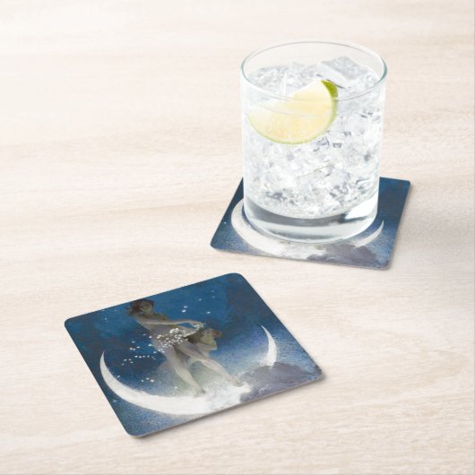 夜のルナの女神が星を散乱 スクエアペーパーコースター (インサイチュ)