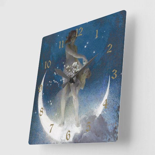 夜のルナの女神が星を散乱 スクエア壁時計 (傾斜)