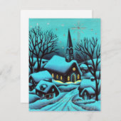 夜のヴィンテージクリスマス教会 シーズンカード (正面/裏面)