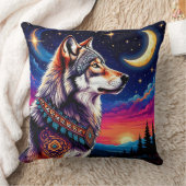 夜の三日月の下の狼 クッション (ブランケット)