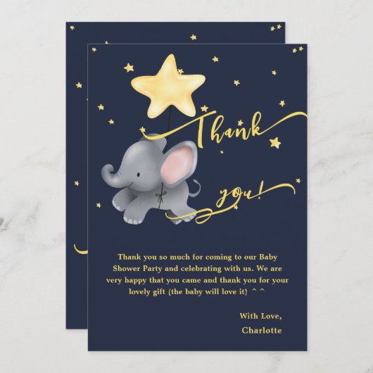 夜の中の可愛い象とバルーンきらめく サンキューカード (正面/裏面)
