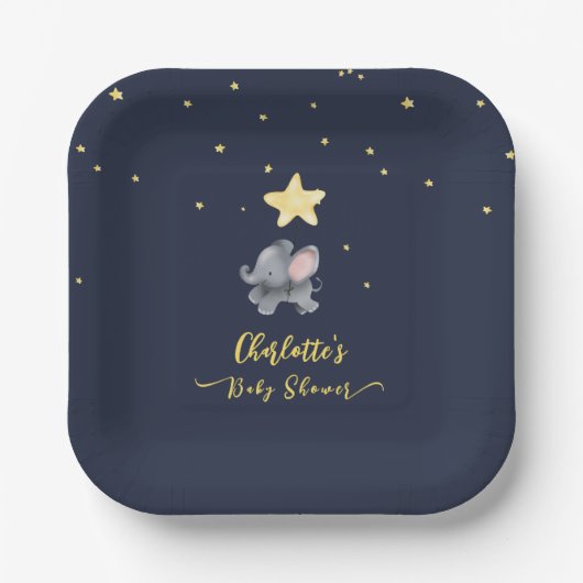 夜の中の可愛い象とバルーンきらめく ペーパープレート (正面)