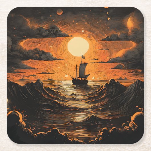 夜の出帆船 スクエアペーパーコースター (正面)