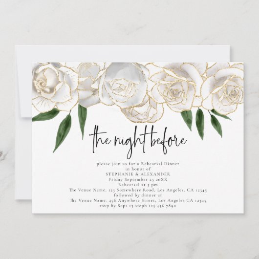 夜の前に白い花模様スクリプトのリハーサルディナー 招待状 (正面)