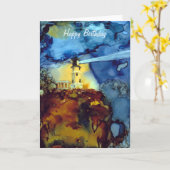 夜の割れた石の灯台 カード (黄色い花)