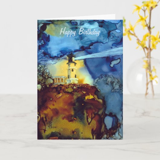 夜の割れた石の灯台 カード (黄色い花)