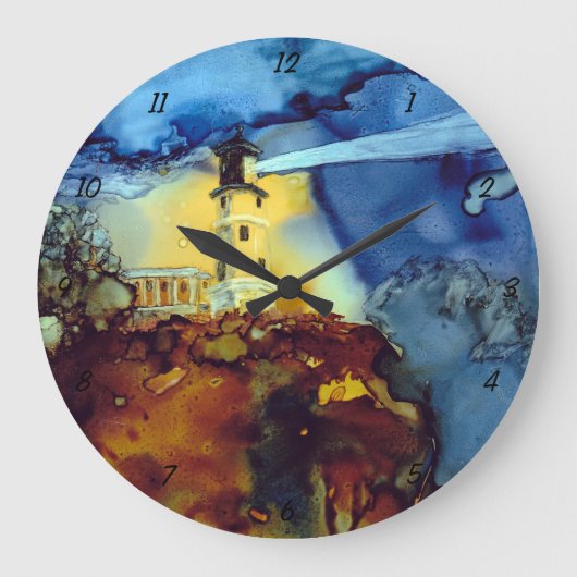 夜の割れた石の灯台 ラージ壁時計 (正面)