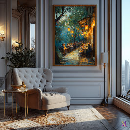 夜の印象派でロマンチックな屋外カフェ ポスター