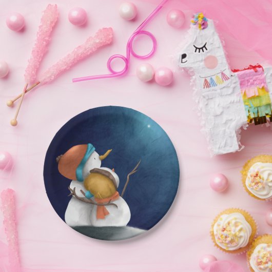 夜の可愛い雪だるま星のクリスマスを見て ペーパープレート (パーティー)