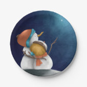 夜の可愛い雪だるま星のクリスマスを見て ペーパープレート (正面)
