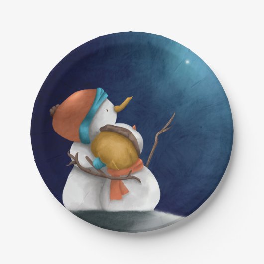 夜の可愛い雪だるま星のクリスマスを見て ペーパープレート (正面)