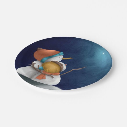 夜の可愛い雪だるま星のクリスマスを見て ペーパープレート (アングル)