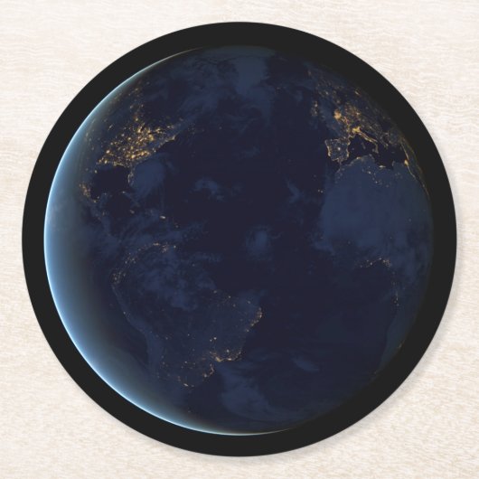 夜の地球の都市灯 ラウンドペーパーコースター (正面)
