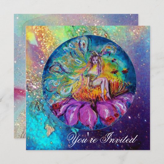 夜の妖精，ピンク色の黄色の赤いキラキラ 招待状 (正面/裏面)