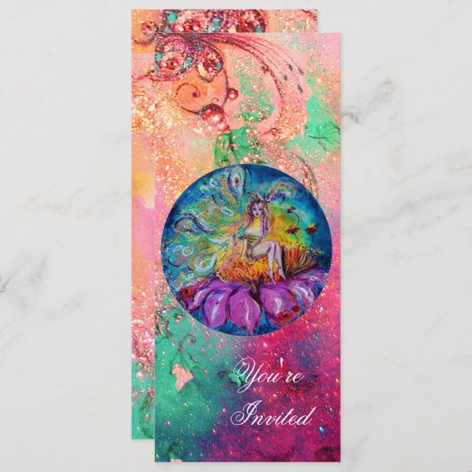 夜の妖精 , ピンク 緑 青 赤のきらきら 招待状 (正面/裏面)