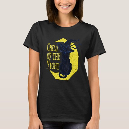 夜の子ウィッチキャットハロウィン魔術 Tシャツ (正面)