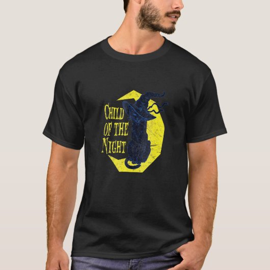 夜の子供魔女猫ハロウィン魔法 Tシャツ (正面)