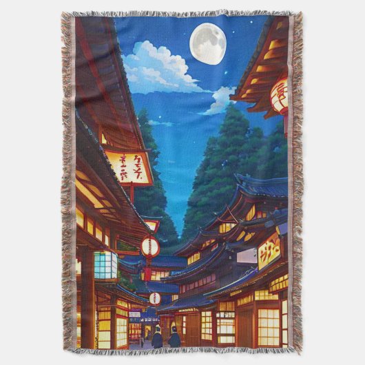 夜の小さな日本の町並み スローブランケット (正面縦)