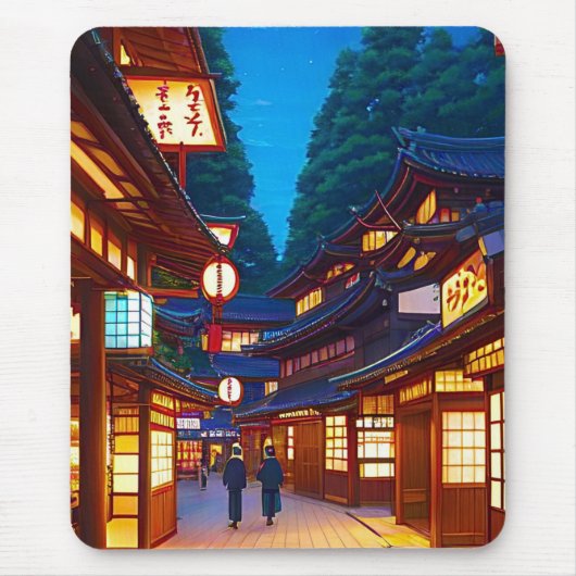 夜の小さな日本の町並み マウスパッド (正面)