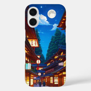 夜の小さな日本の町並み iPhone 16ケース