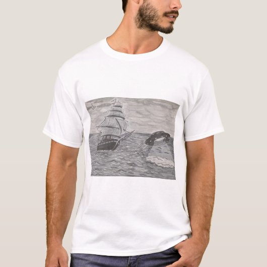 夜の帆船と海から飛び立つUFO Tシャツ (正面)