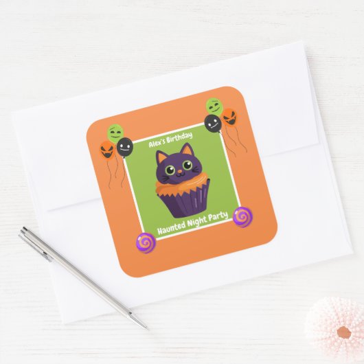 夜の幽霊のよく出るパーティー誕生日 – ハロウィーンの夜 スクエアシール (封筒)