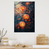 夜の日本のランタン – 温水カラーアート ポスター (キッチン)