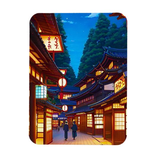 夜の日本の小さな町の通り マグネット (縦)
