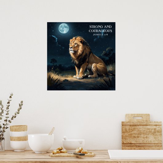 夜の星と月の信仰で野生の静かなライオン ポスター (キッチン)