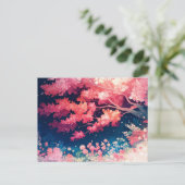 夜の星空の下のピンクの桜の木 ポストカード (スタンド正面)