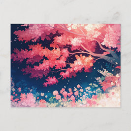 夜の星空の下のピンクの桜の木 ポストカード