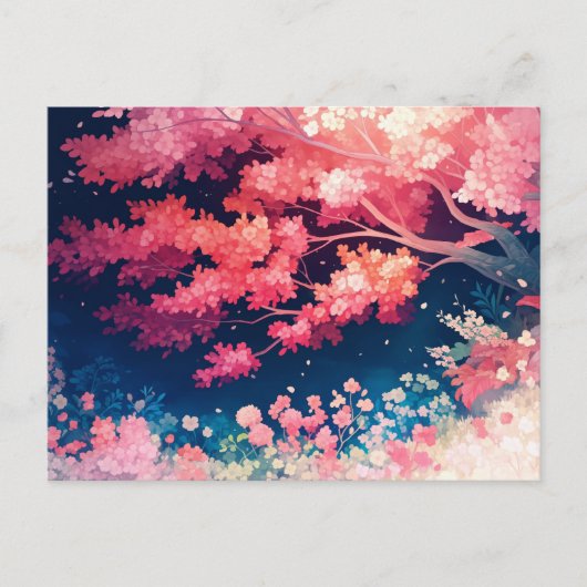 夜の星空の下のピンクの桜の木 ポストカード (正面)