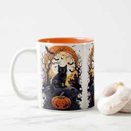夜の月と黒猫のハロウィーンのシーン ツートーンマグカップ